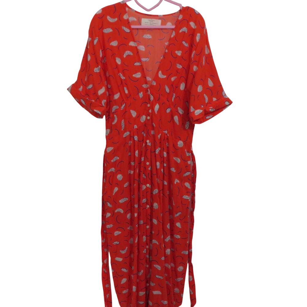 Trovata Birds of Paradis Women Sz 6 Orange V Neck Button Front Maxi Dress